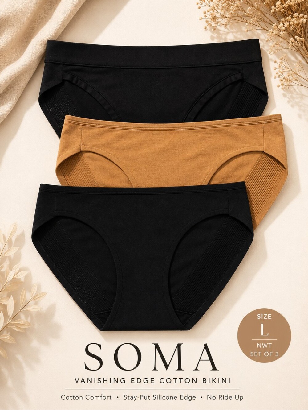 Soma Vanishing Edge Cotton Bikini Panties L Black Warm Amber NWT 3-Pack